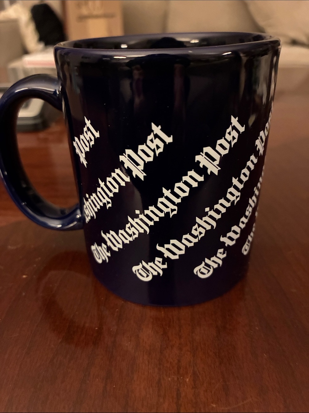 The Washington Post Coffee Mug - Glossy Dark Blue with Vertical White Logo